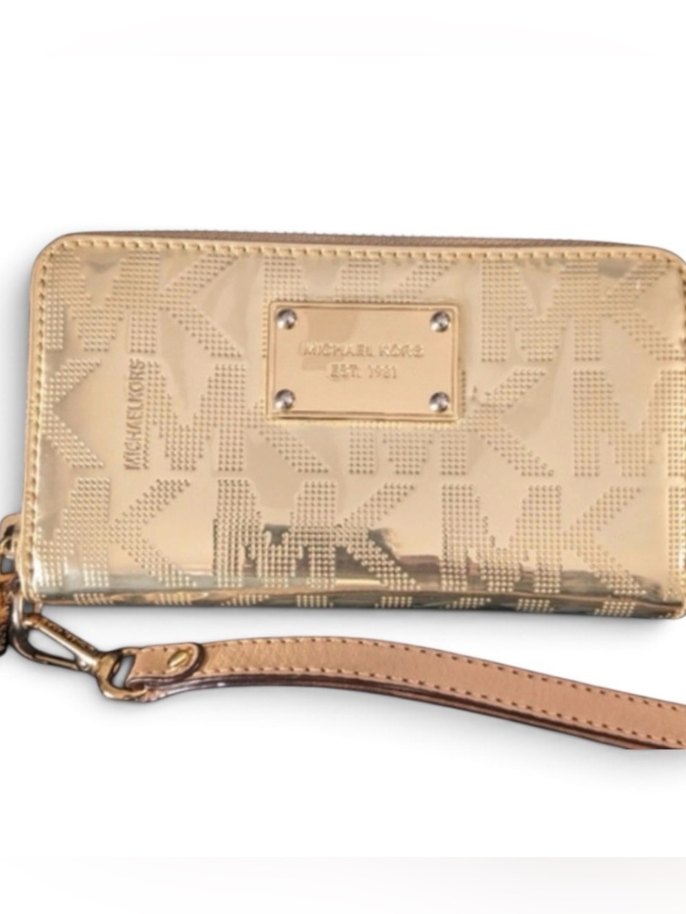 MICHARL KORS JET SET CONTINENTAL GOLD METALLIC PHONE CASE WRISTLET WALLET